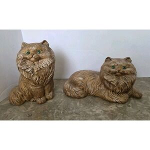 Vintage 70's Ceramic Cats Tan Green Eyes Standing Cat 8" Tall Laying Is 10.5"